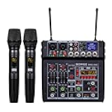 BOMGE 04E karaoke Audio mixer,4 Channel Mixer With Dual UHF Wireless Mic 329FT, Sound Board Console Bluetooth 48V Phantom Power USB Audio Interface DJ Mixing for Party Computer Studio Recording KTV