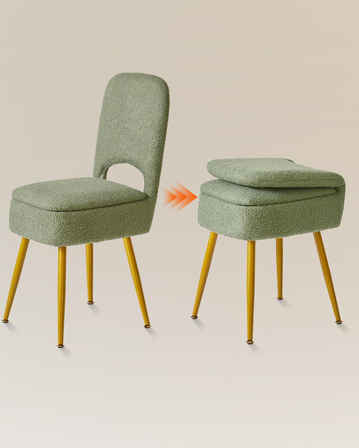 IBUYKE Stuoia da toeletta con schienale pieghevole, Ottomano quadrato in velluto Teddy, Sedia da trucco per soggiorno, 4 gambe metalliche con piedi antiscivolo, Verde WBD027D