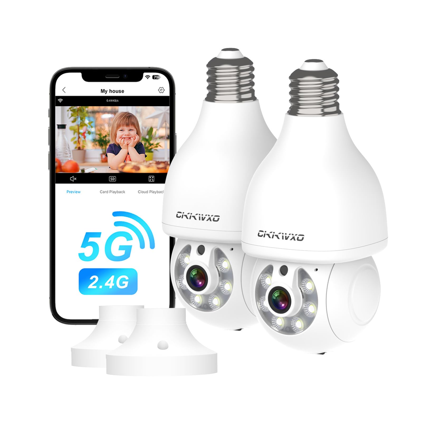 Telecamera Lampadina WiFi 2K，Videocamera Sorveglianza 2.4/5GHz | Visione Notturna, Rilevamento Movimento, Auto-Tracking, Audio Bidirezionale, E27 Standard per Esterno/Interno (2pezzo)
