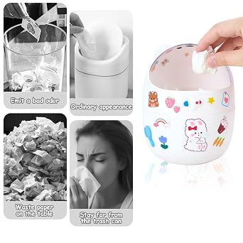 Portable White Cartoon Lidded Mini Desktop Trash Can