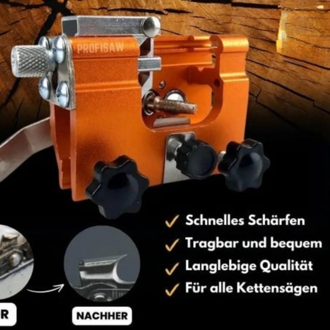 Qinux Klampero Kettenschärfer - Original Tragbar Kettenschärfgerät Handkurbeln mit 1/3/5/10 Schleifköpfen, Mit Winkelführung & Edelstahl, Sägekettenschärfgerät für Jede Kettensäge (Große,*10)