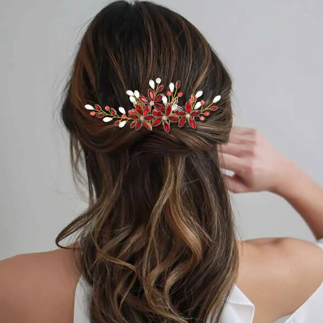 IYOU Sposa Nozze Pettine per Capelli Strass Rosso Pezzo di capelli Fiore Ballo Studentesco Festa Copricapo Accessori per Donne