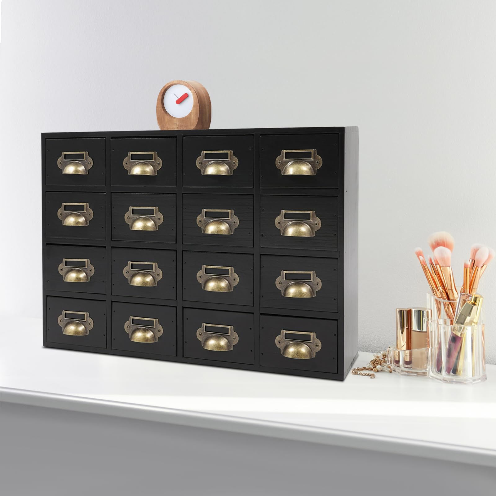 Armadio da farmacia, vintage, 16 cassetti, in legno, a 4 livelli, 50 x 10 x 35 cm, per spezie, medicine, gioielli (nero)