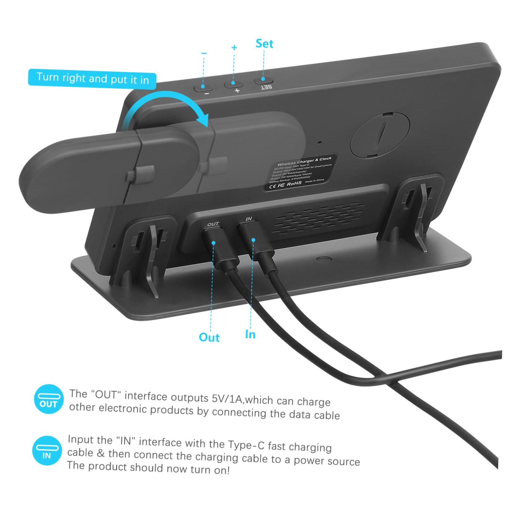 Station de Charge sans Fil Multifonction avec Réveil Numérique LED et Affichage Température Support Rapide Compatible pour Téléphone Montre Connectée et Écouteurs Bureau et Maison