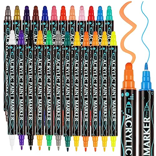 AivaToba 24 Colors Acrylic Paint Pens, Dual Tip Acrylic Paint Markers for Rock Painting, Ceramic, Glass, Stone, Wood, Canvas Surfaces, Acrylic Markers for DIY Card Making