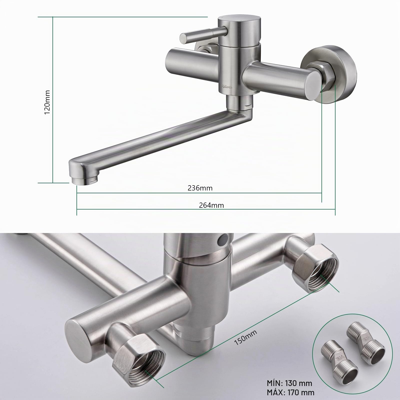 Grifo de Pared, Grifo de Cocina Montado en la Pared, Giratorio 360 Grados, Fabricado en Acero Inoxidable, Monomando para Fregadero, Agua Fría y Caliente, Acabado Cepillado