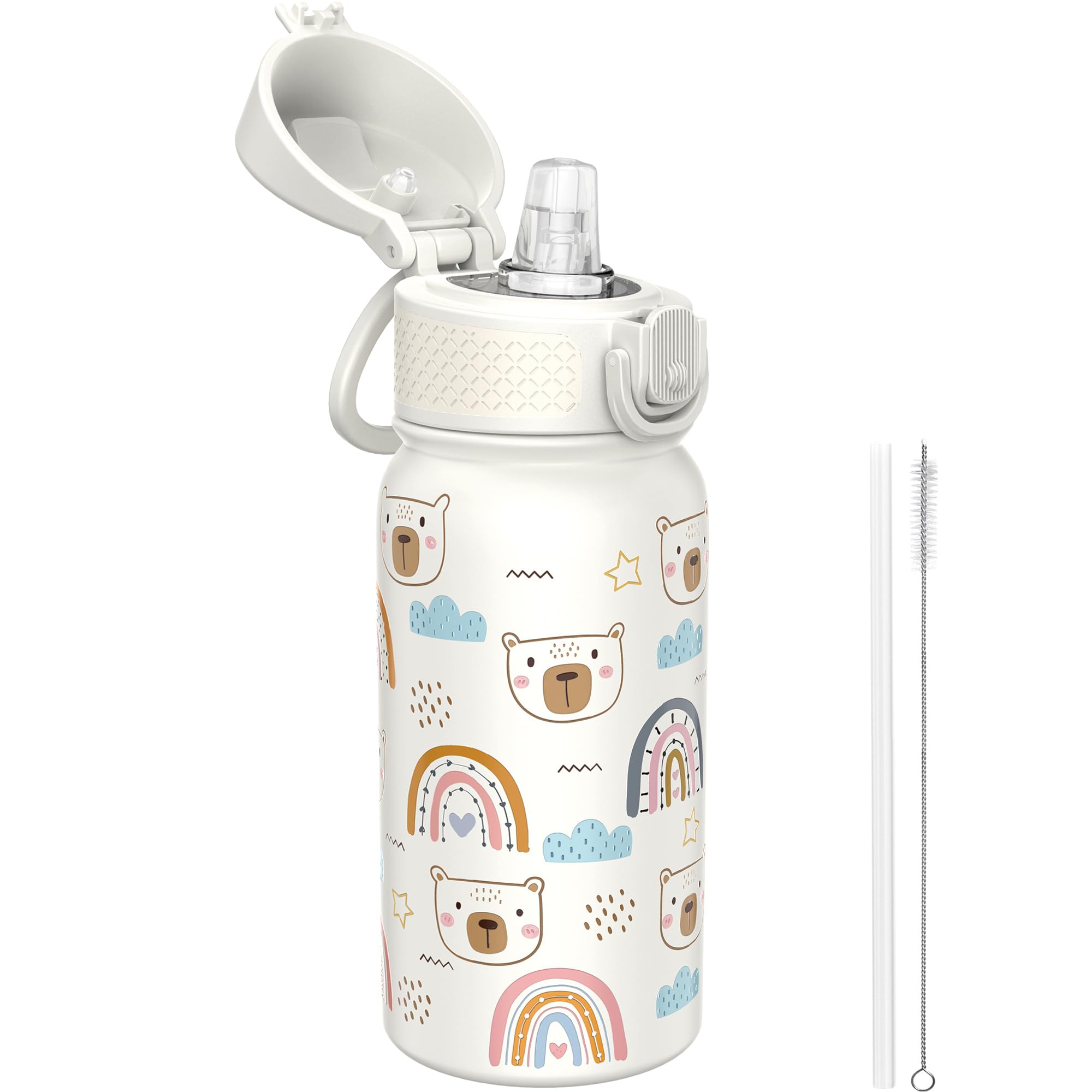 GOPPUS 350ml/12oz Kids Stainless Steel Water Bottle with Straw Toddler Drinks Bottle with Handle Small Insulated Bottles for Girls Boys School Cold Metal Flask with Flip Top Lid BPA Free (White Bear)