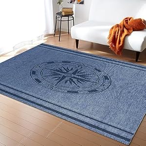 Indoor Area Rug, Nautical Compass Non Slip Carpet Pad Bathroom Mat, Navy Blue Striped Coastal Compass Kitchen Runner Area Rug for Bedroom/Living Room/Kids Room 5’x8′