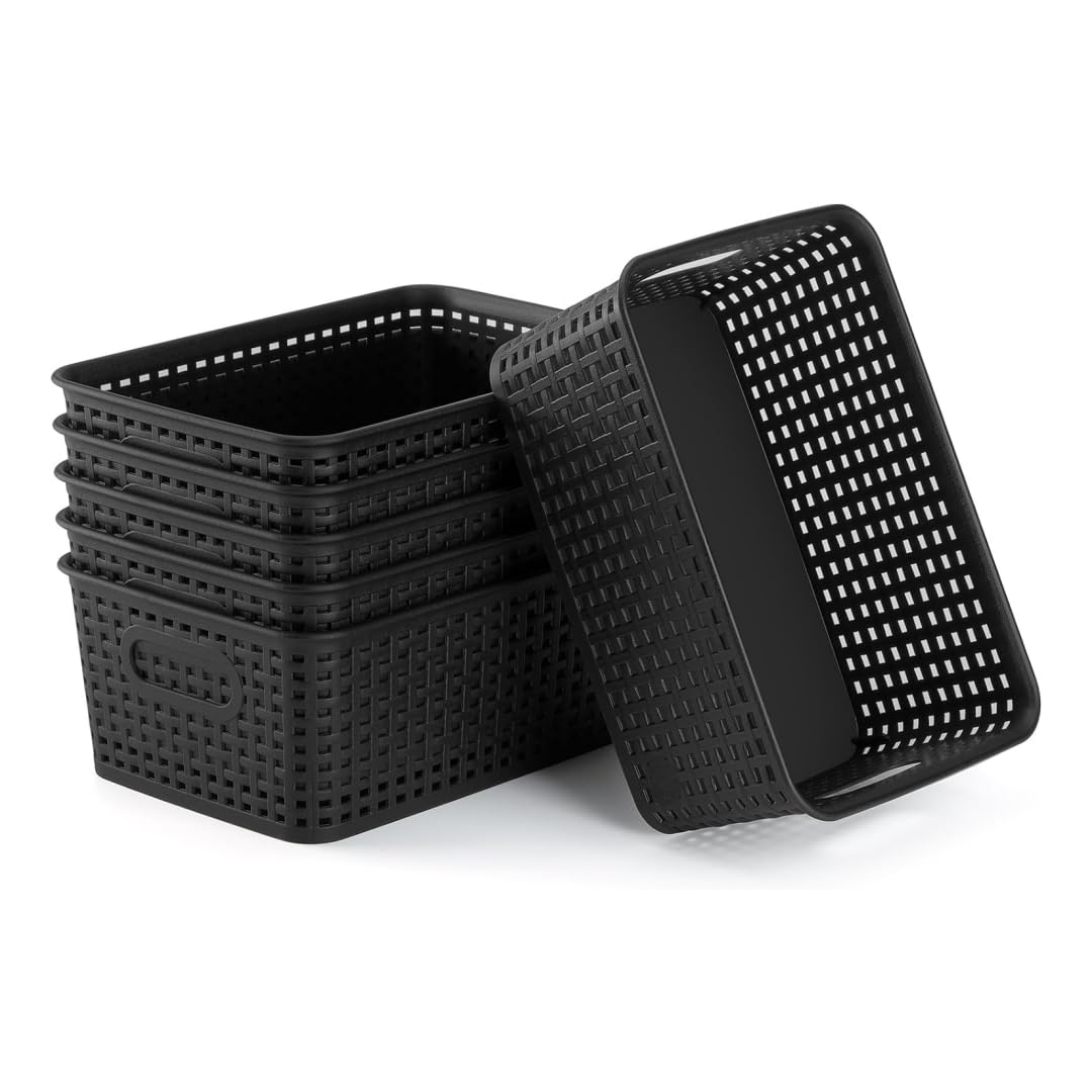 ABINPlastic Storage Baskets Set of 6 Durable Small Pantry Organizer Bins Organization and Storage Shelves Baskets for Organization, Countertops, Desktops, Cets, Bedrooms (Black)