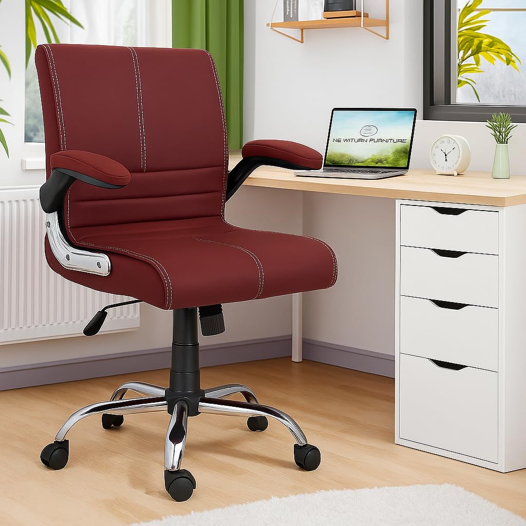 NEWTURN® Maxson Adjustable Handle/Armrest Mid Back (Pre-Assembled) with Heavy Duty Metal Stand Medium Revolving Leatherette Office Chair, Adjustable Height Chair for Study Room Chair (Dark_Brown)