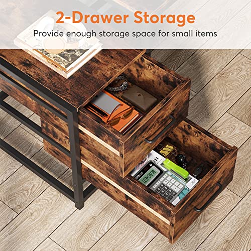 Image of Tribesigns 55 Inch Computer Desk with 2 Drawers and Storage Shelves, Rustic Office Desk with Hutch, Study Writing Gaming Table Laptop Workstation for Home Office (Brown)