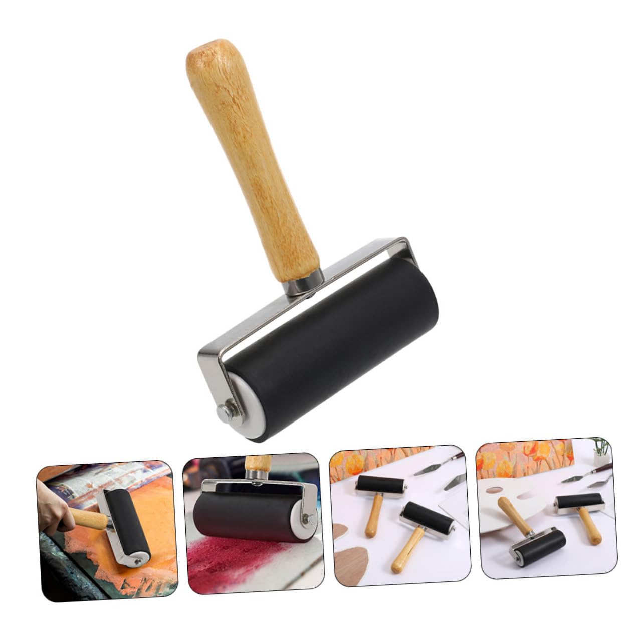 Kunststoff Druckwalzen 10cm 4 Stück mit Holzgriff Komfortabel und Einfach zu Lagern Leichte Malerrolle Schwarz für Bastelarbeiten und Druckgrafik