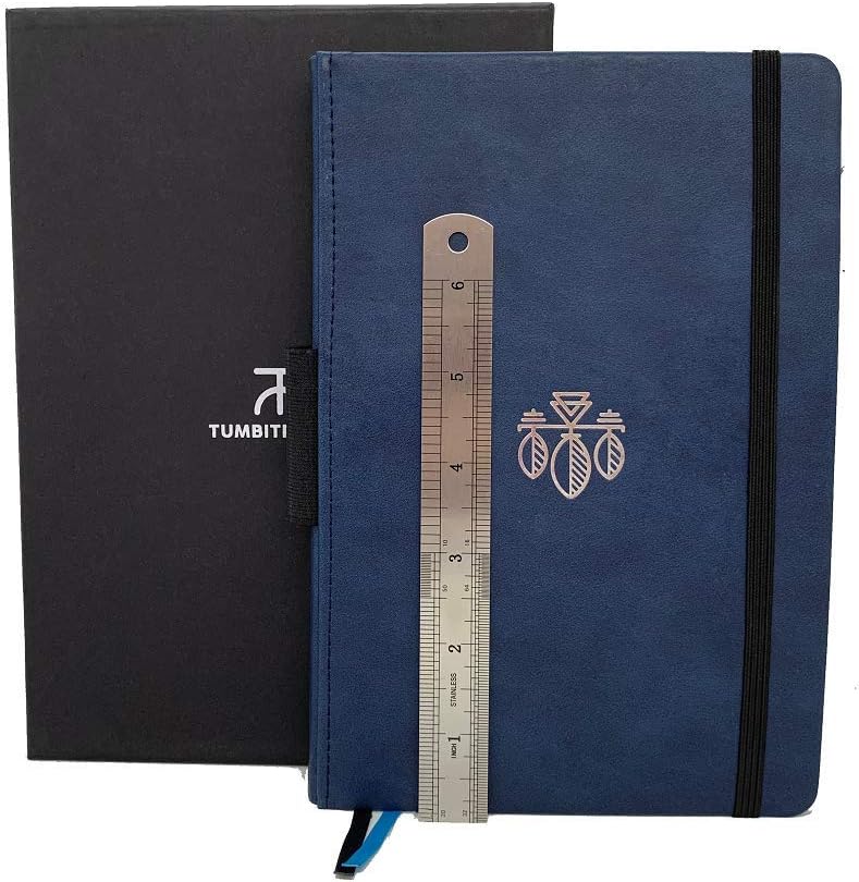 A5 bullet dotted journal dot grid notebook 180 pages 3 x page markers 120 GSM extra-thick paper stainless steel ruler page numbers pen holder in spine 4 dedicated index pages 8 perforated pages