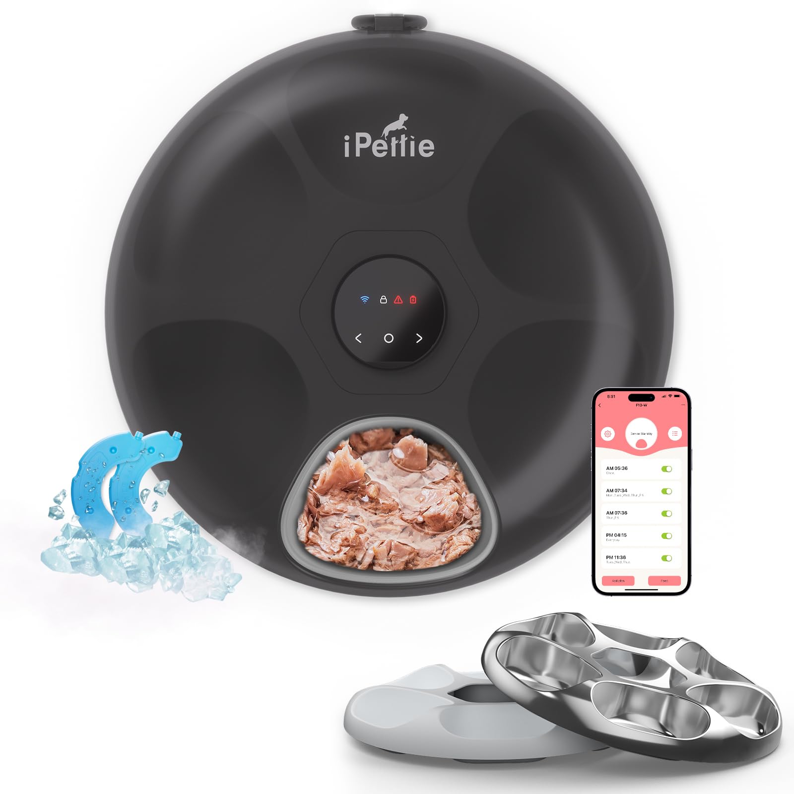 iPettie Donut Frost WiFi 6 Meal Automatic Wet Food Feeder with Ice Packs for Senior and Weak Pets, App Control Programmable Timer, Holds 6 x ½ lb. of Food, Black, Stainless Steel and PlasticTray