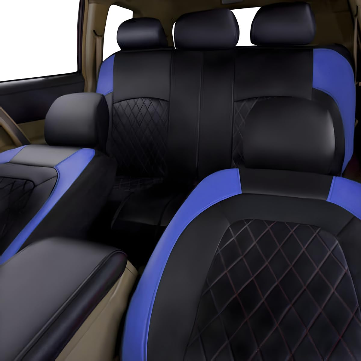 JNNJ 9 Pièces Set Complet Housses De Siège Voiture, Protection Siège Universelle en Cuir, Siège Auto Respirant Antidérapant, Housses Sièges Avant Et Arrière Voiture, Accessoire Interieur(Bleu)