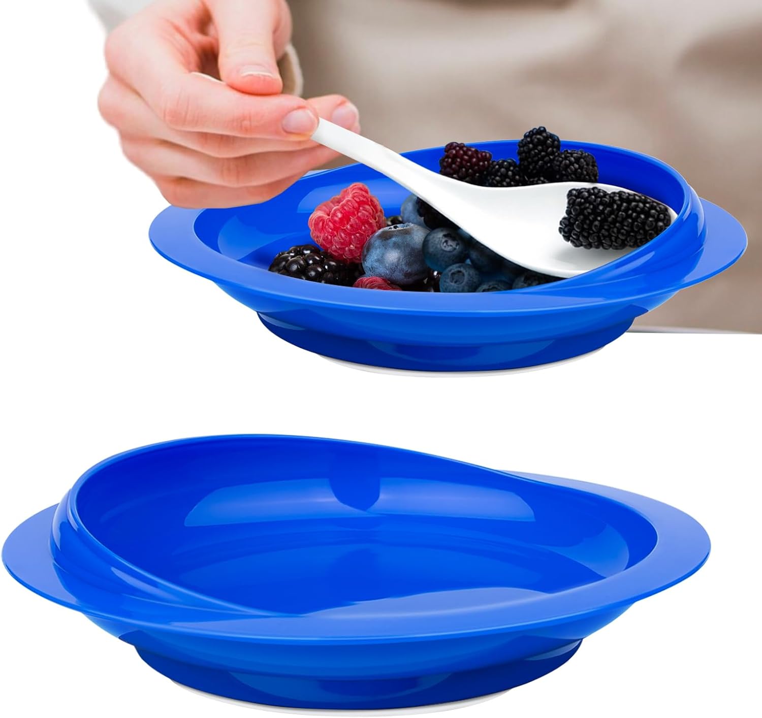 2Pack Spill Proof Scoop Plate with Non-Skid Suction Base, Adaptive Self-Feeding Dinnerware for Elderly and Disabled Two Plates Blue