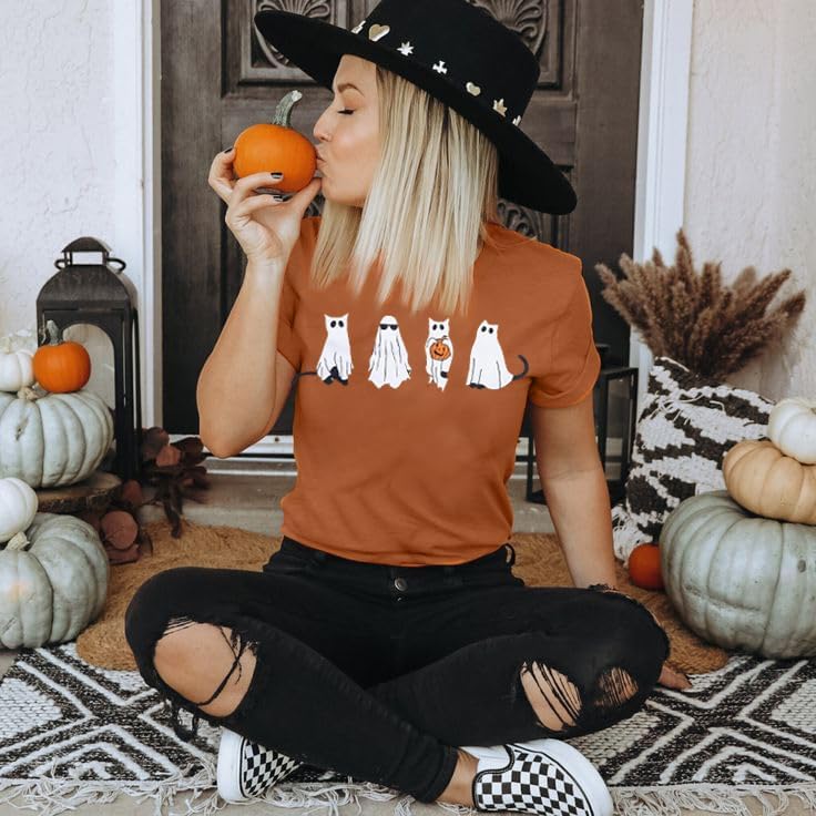 Halloween Shirts for Women Halloween Ghost Cat T-Shirt Retro Fall Spooky Season Tees Tops - Image 3