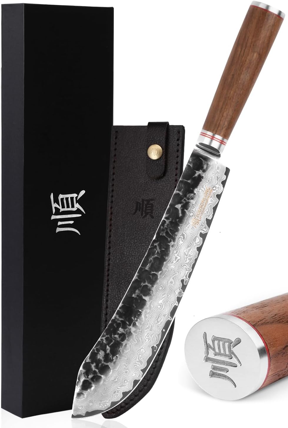 – Breaking Knives 10 inch Pro Bull Nose Butcher Knife Japanese Hammered Damascus Steel Natural Walnut Wooden Handle