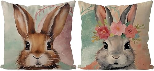 GAGEC Juego de 2 fundas de almohada de Pascua de 18 x 18 pulgadas, diseño floral, conejos, huevos de Pascua, decoración para sofá, dormitorio, sala