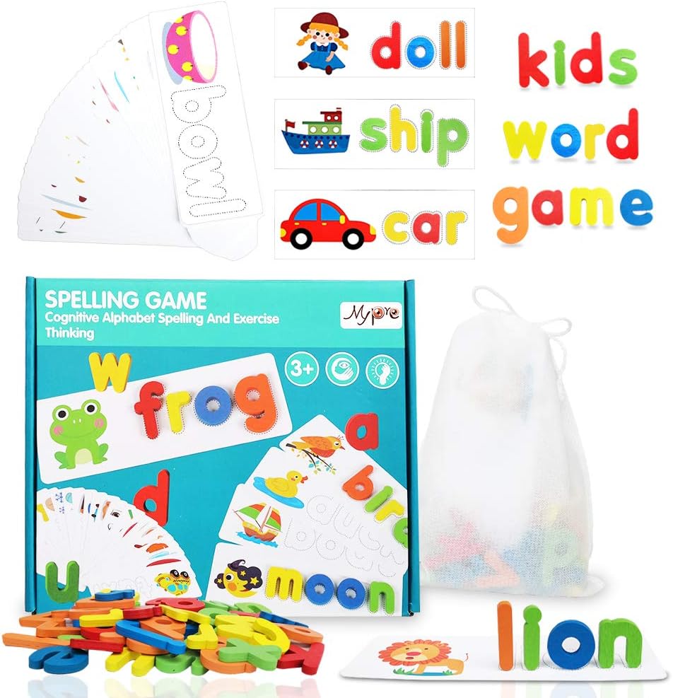 Spelling Matching Letter Puzzle Game for 2,3,4 Year Old Toddlers Educational Learning Toys Sight Words Flash Cards Kindergarten Wooden Alphabet ABC STEM Toys Kids Montessori Preschool 3+ Boys Girls