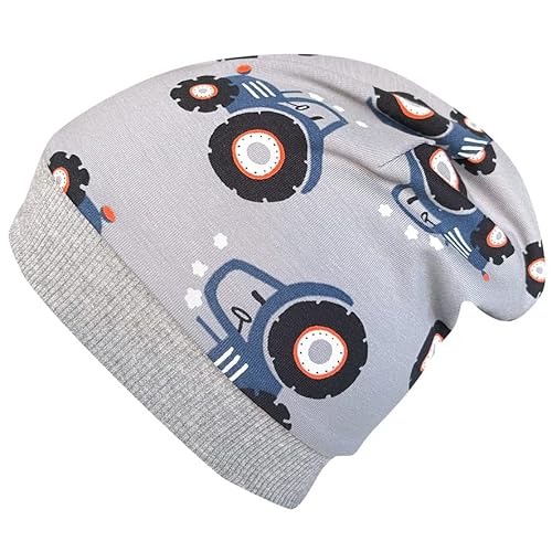Wollhuhn Gorro ecológico cálido para invierno, para niños/niñas, gorro de invierno o gorro largo con forro polar, varios motivos (ecológico, orgánico), 20220666, Maxi Tractor/Trecker Gris, 48-50 Cover