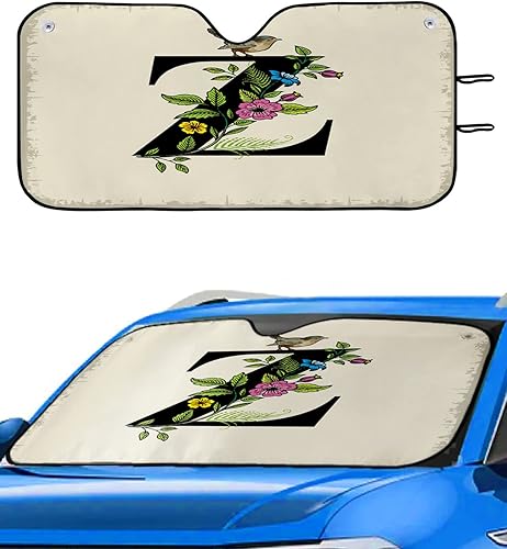 Vintage Monogram Letter Z Car Sun Shade, Windshield Sun Shade Universal Fit Car Front Window for Trucks SUV Van Floral Bird Sunshades Keep Vehicle