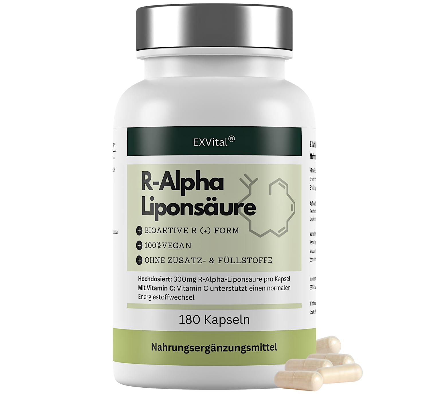 EXVital® R-Alpha-Liponsäure, hochdosiert mit 300mg pro Kapsel, in natürlicher R-Form, 180 Kapseln, vegan & ohne Zusätze, laborgeprüft