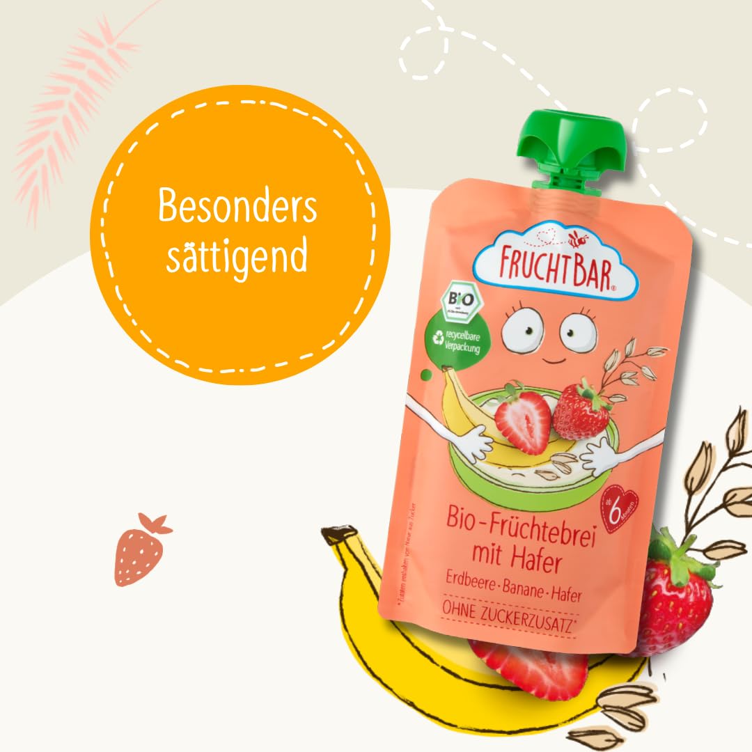 FruchtBar-Bio Quetschie, Vorratspack, Fruchtpüree für Babys ab 6 Monaten & Kinder (24 Stück, Bio Früchtebrei Erdbeere-Banane-Hafer)