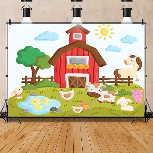 Miniatura 7 de Fondo de cumpleaños de animales de granja, fondo de vinilo para fotografía de 83 x 59 pulgadas, pancarta de fiesta temática de granero azul y rojo
