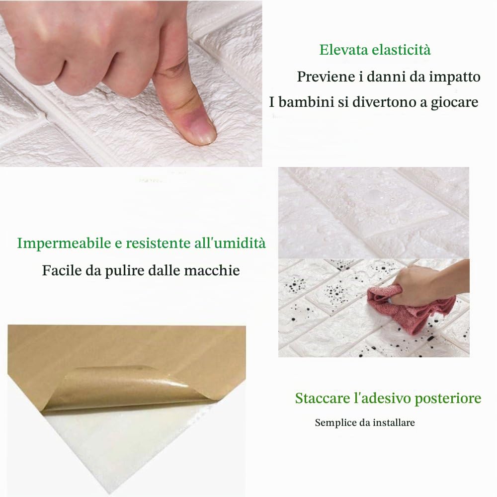 LEISU 3D Carta da Parati Mattoni Bianco DIY Adesivi Muro di Mattoni Imitazione PE Schiuma Impermeabile Brick Wallpaper Stickers per Cucina Bagno Soggiorno Salone da letto Ufficio 60x60cm (10 Pezzi)