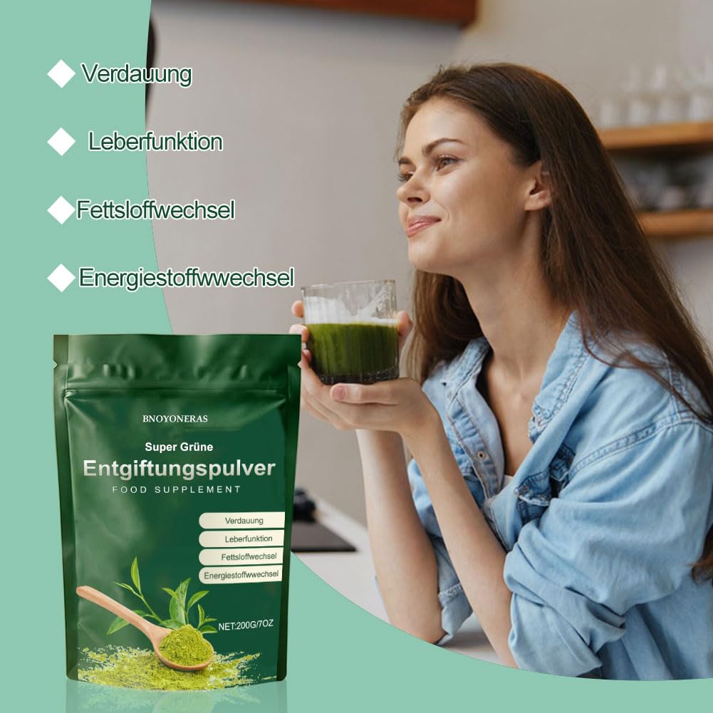 Grüne Entgiftungspulver, Grünes Superfood Pulver 200g – Grüner Pulver mit Matcha, Gerstengras, Heidelbeeren| Ballaststoffreich & Vegan | Natürliches Pflanzenpulver für Alltag & Ernährung, 2pc