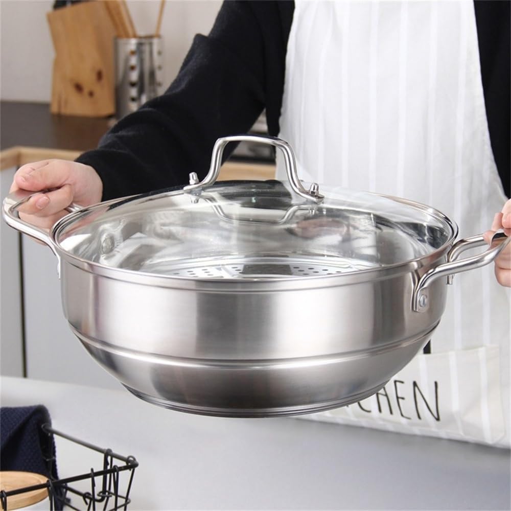Pentola per cottura a vapore in Acciaio INOX, pentola per cottura a vapore, pentola per cottura a vapore domestica (Argento 28 cm)