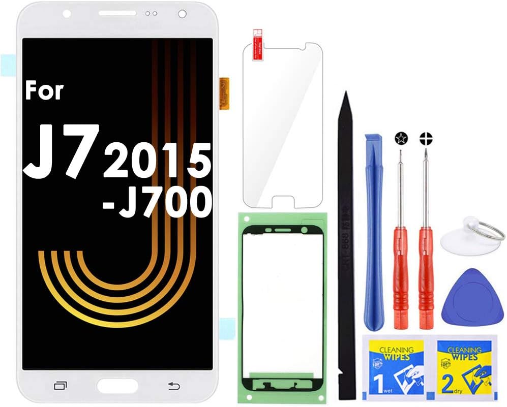 LCD Screen Replacement (White) for Samsung Galaxy J7 2015 J700 J700T J700F J700H J700M SM-J700 LCD Touch Screen Digitizer Glass Display Assembly with Repair Tools and Adhesive