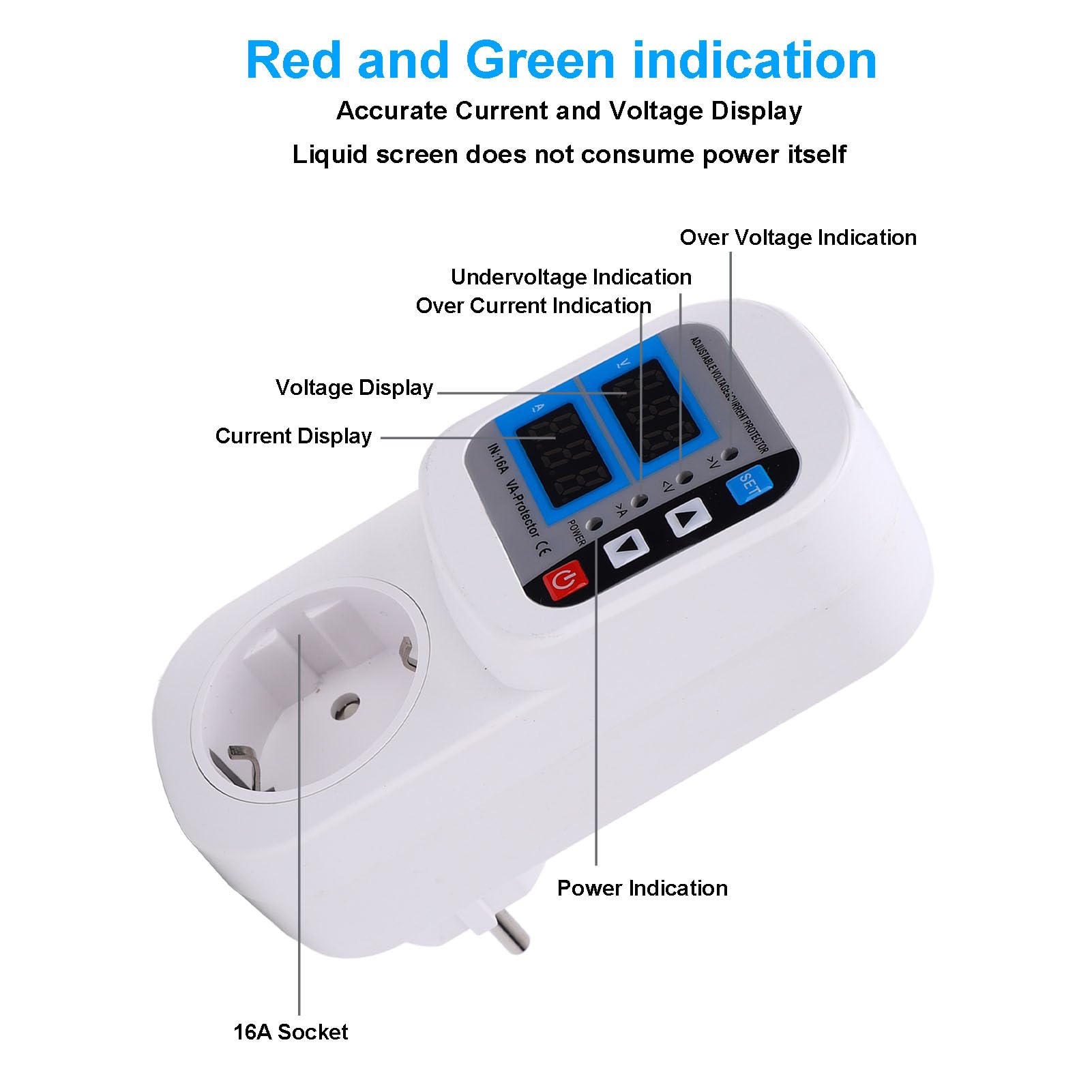 Protector Digital de Salida 16A Regulador de Voltaje Ajustable Protector de Corriente Automático con Pantalla LED para el Hogar