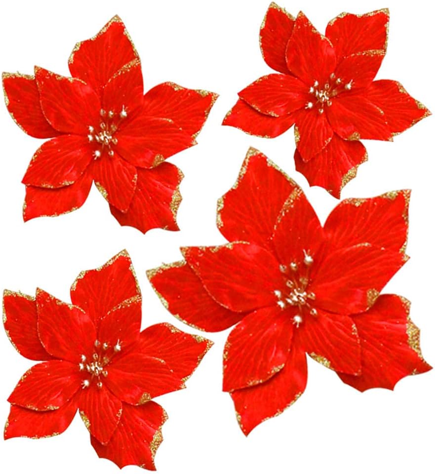 GuiHe 12Pcs Glitter Artificial Wedding Christmas Flowers Xmas Tree Decor Glitter Poinsettia Christmas Tree Ornaments Dia 7.8 Inch（Red）
