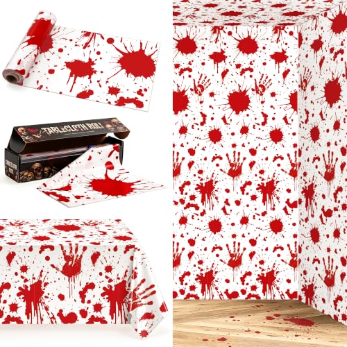 Image of Kochorie 100 Ft x 54 Inch Halloween Bloody Party Tablecloth Roll with Cutter Box Waterproof Plastic Horror Bloody Zombie Table Cover for Halloween Spooky Party Decorations. White