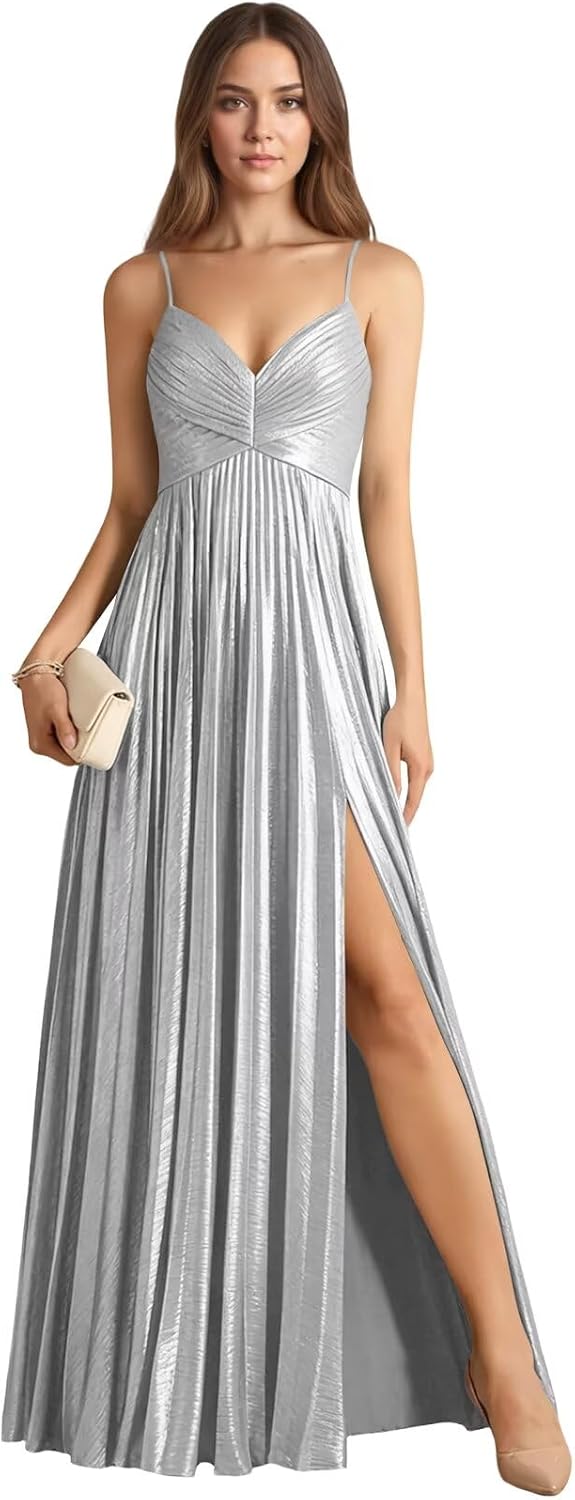 Metallic Prom Dresses for Women Long A Line Pleated Sparkly Formal Evening Gowns with Slit