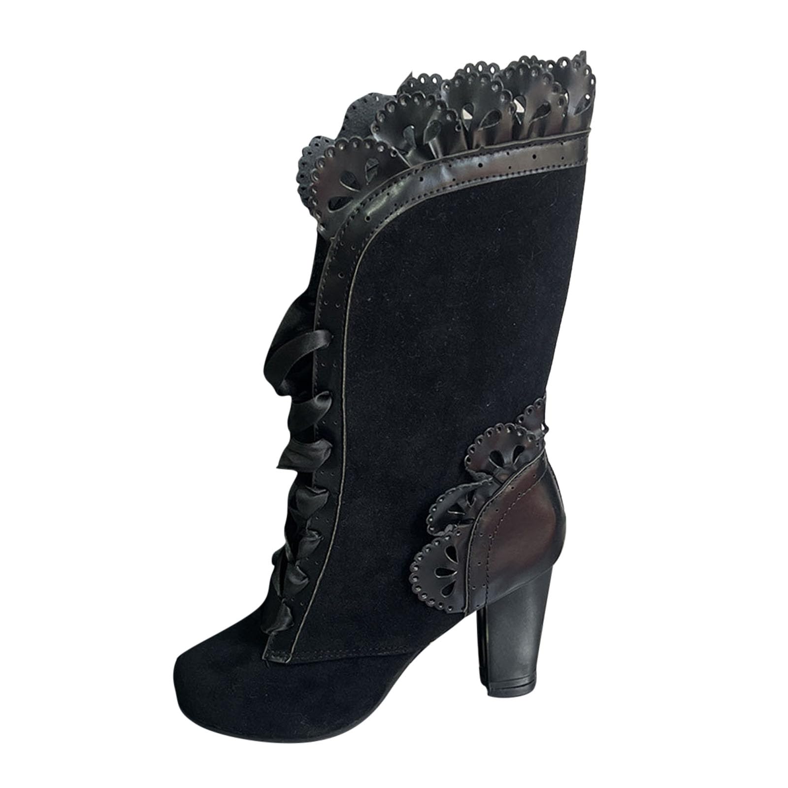 Womens Thick Heel Pointed Toe Boots Fashion Casual Lace Suede Lace Up Mid Calf Boots Neoprene Work