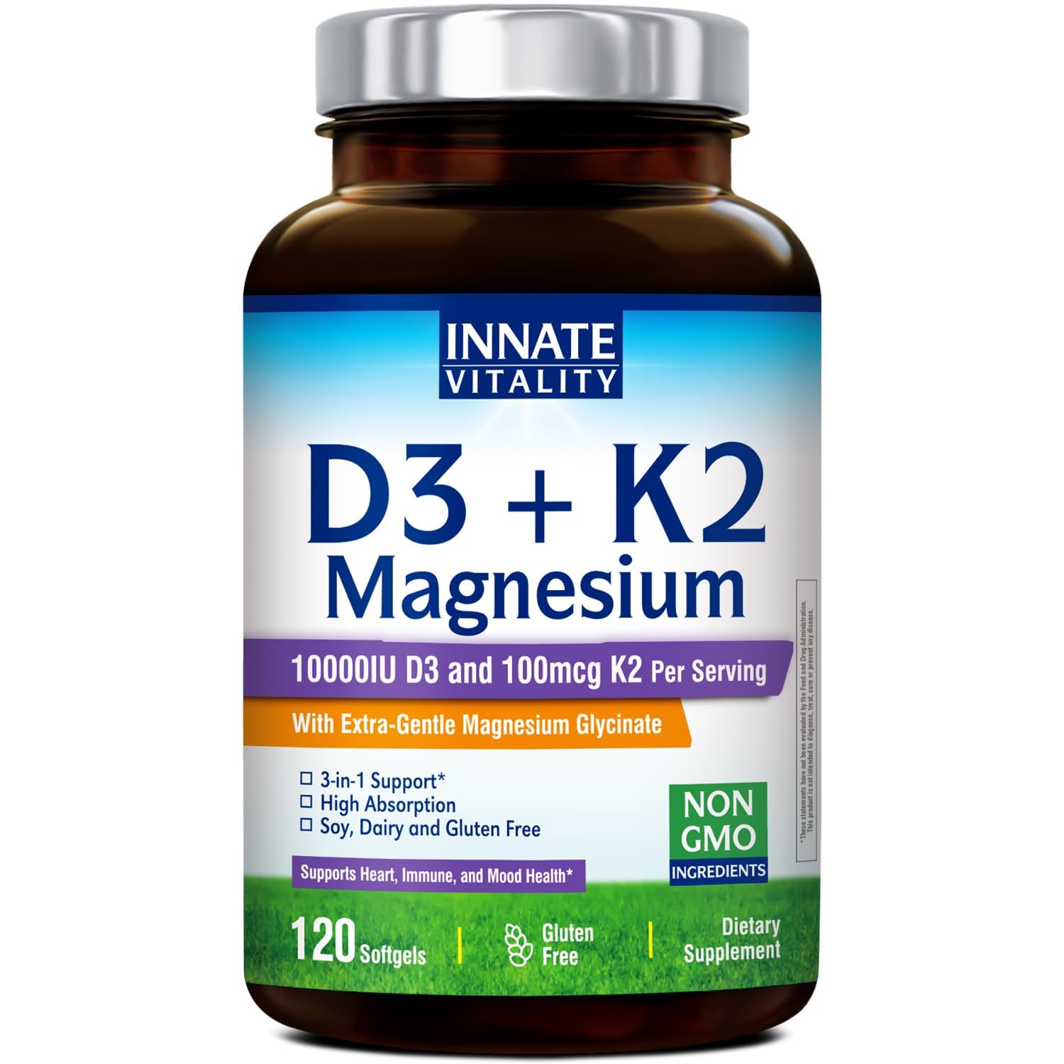Innate Vitality D3 + K2 Magnesium, Vitamin D3 & K2 (Trans-MK-7), Chelated Magnesium Glycinate, High Absorption, Heart, Nerve, and Immune Health, 120 Softgels