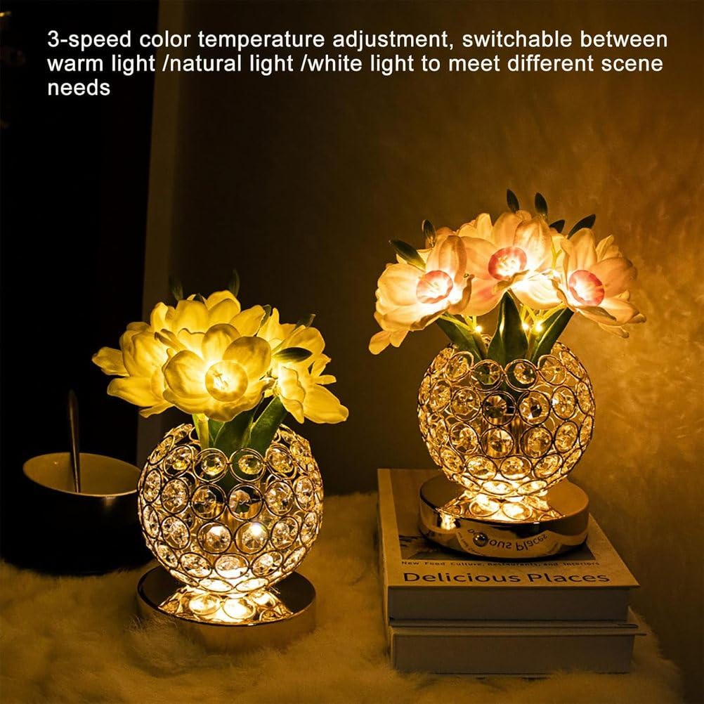 Luce d'atmosfera rotonda in cristallo rosa, lampada da scrivania a LED, ricarica USB, luce notturna con controllo touch, luce a 3 colori che cambia/oscuramento continuo, lampada touch per