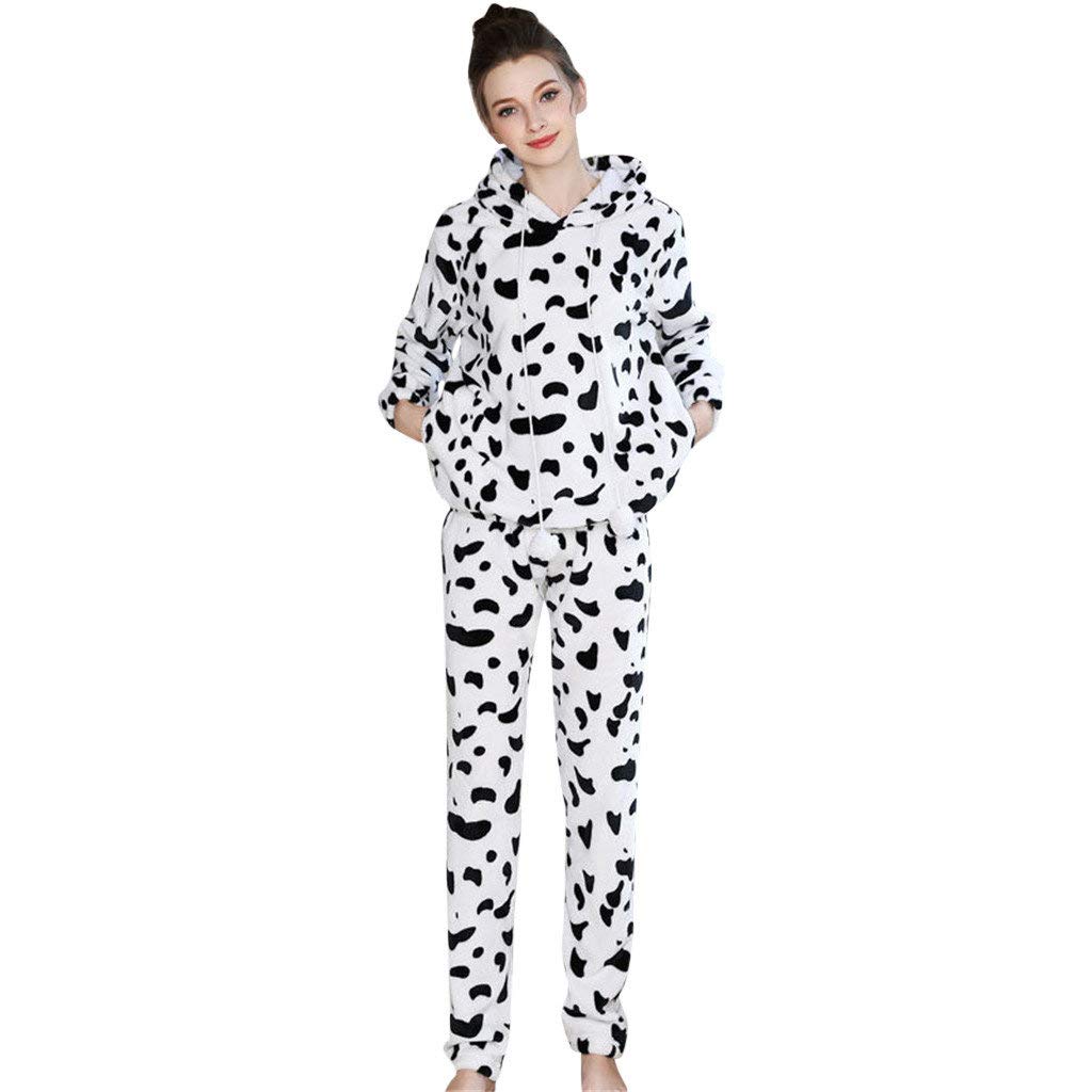 Dressin Womens Winter Sleepwear Flannel Thickening Warm PJS Cow Cartoon Hooded Pajamas Nightwear Nightgown