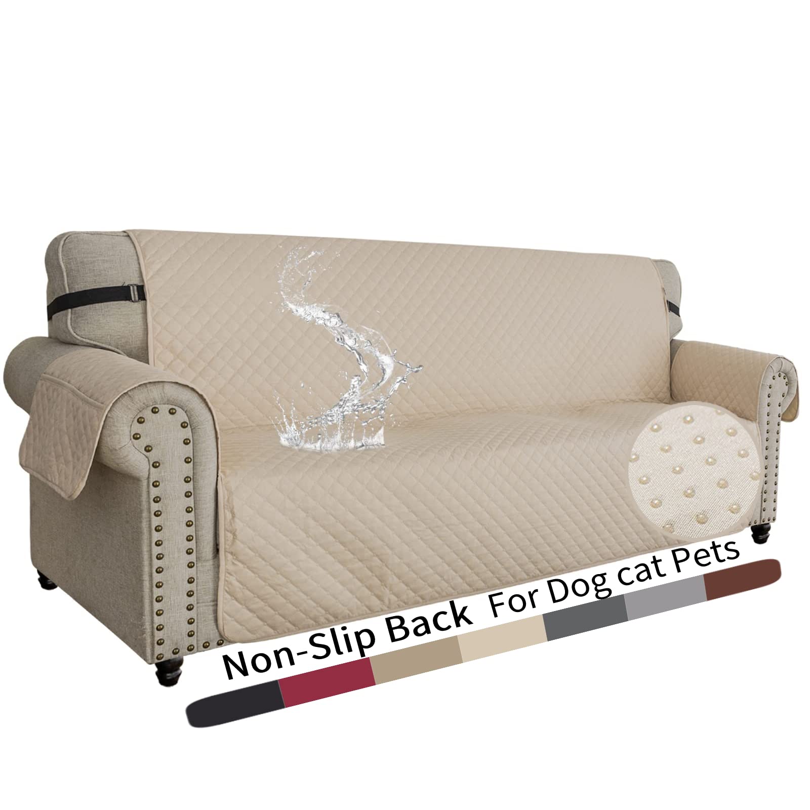 Quilted Sofa Cover Waterproof Couch Covers for 3 Cushion Couch, Super Soft Washable Slipcover with Pockets & Non-Slip Elastic Straps, Dog Pets Proof Thick Furniture Protector (Sofa, Beige)