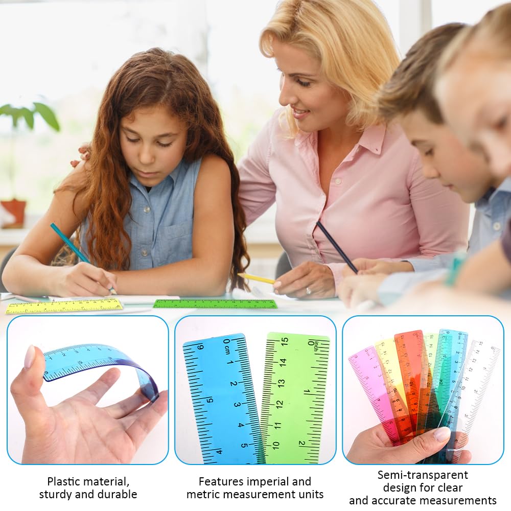 Set 6 Righelli Trasparenti Da 15 Cm In Plastica Flessibile – Scala Metrica E Imperiale, Per Scuola E Ufficio