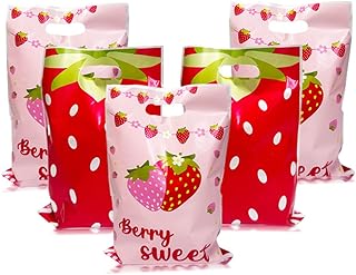 50Pcs Strawberry Party Favor Bags with Handles - 9.8×6.2 Inch Double Sided Printed Plastic Goodie Treat Candy Bags for Kids Girls Birthday, Baby Shower & Wedding | Cute Strawberry Shortcake Party Supplies