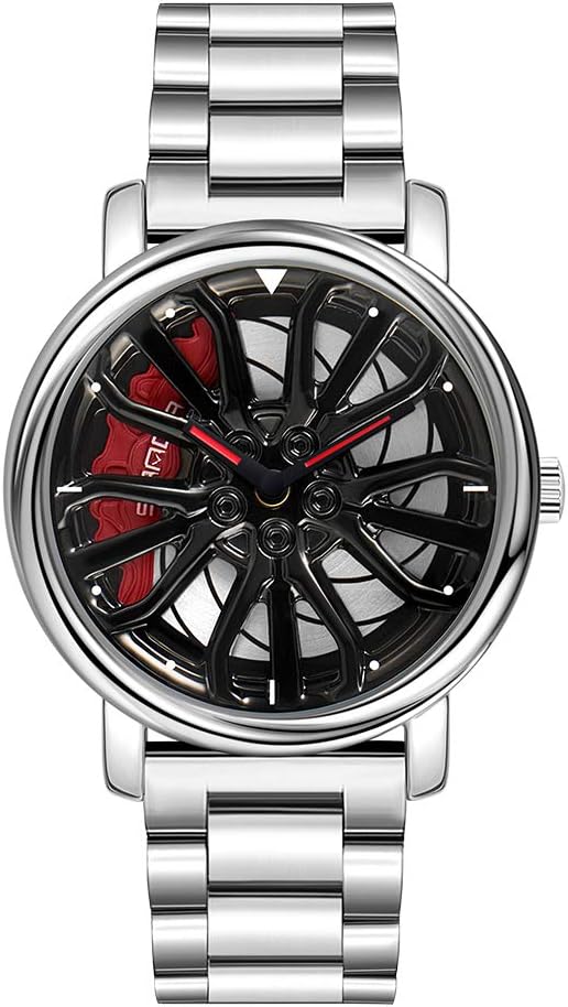 GORBEN Mens Wrist Watch Creative 3D Car Wheel Rotating Watch Fashion Quartz Men's Watch Stylish Wristwatch with Stainless Steel Strap