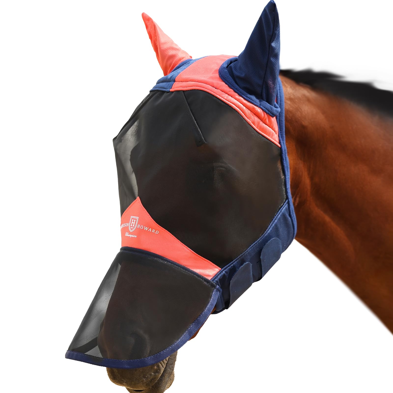 Harrison Howard Pro Luminous Horse Fly Mask Large Eye Space Full Face UV Protection for Horse Coral Orange/Navy S