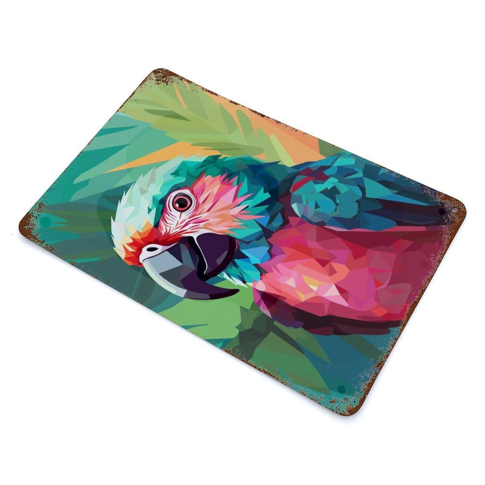 Green And Pink Parrot Weathered Tin Sign 11.8"x7.9", Decorative Metal Wall Art for Garage, Bar And Workshop Decor