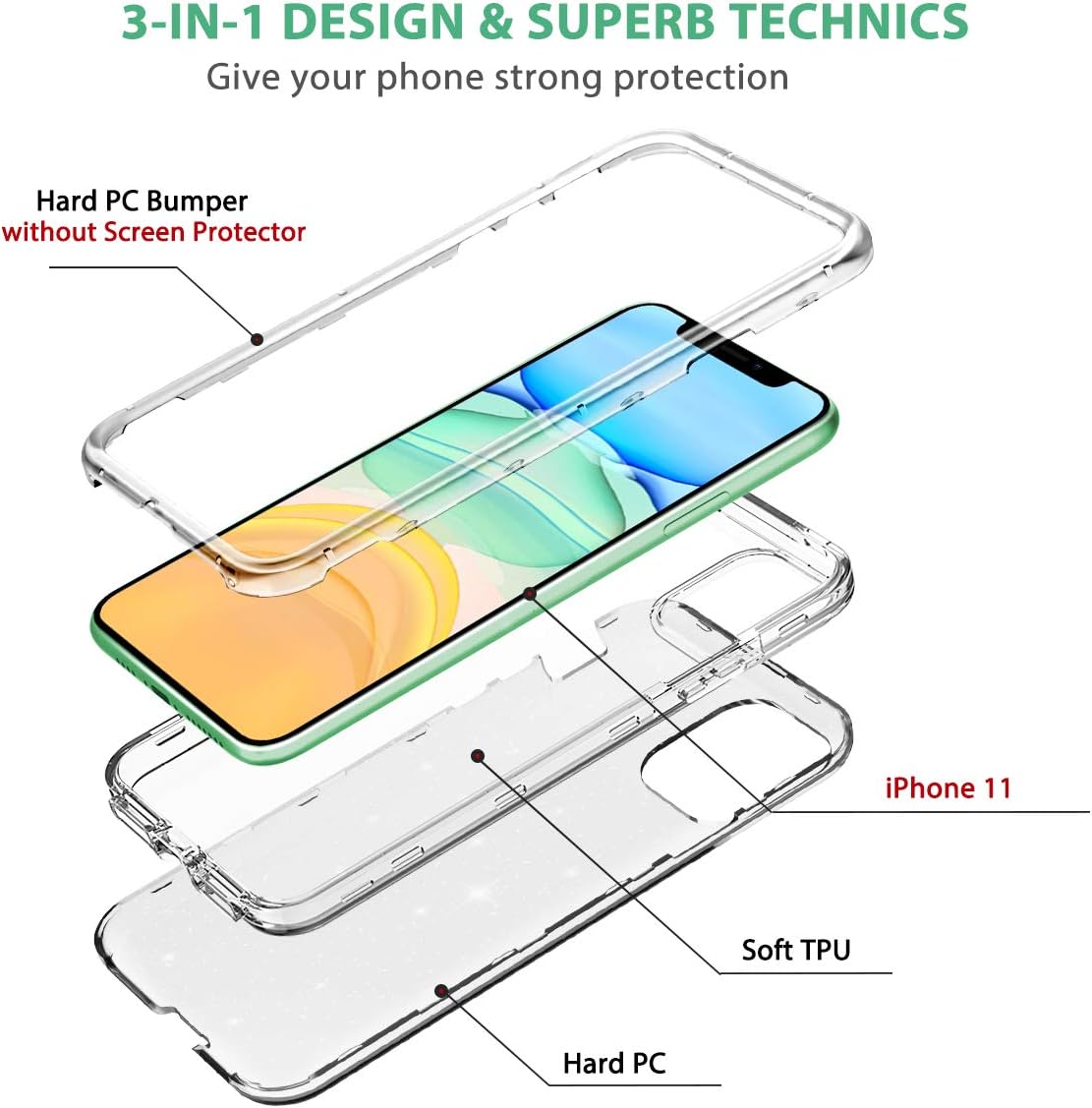Lamcase Compatible with iPhone 11 Case Crystal Clear Glitter Sparkly Bling, Heavy Duty Shockproof Hybrid Three Layer Protective Cover Case Compatible with Apple iPhone 11 6.1 inch 2019, Clear Glitter