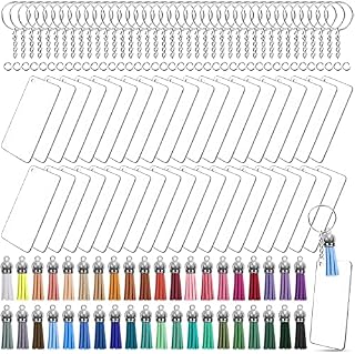 Duufin 120 Pieces Acrylic Keyring Blanks Tassels Set Including 30 Pcs 3x7cm Rectangle Acrylic Blanks 30 Pcs Key Ring with Chain 30 Pcs Keychain Tassels and 30 Pcs Jump Ring for DIY Projects and Craft