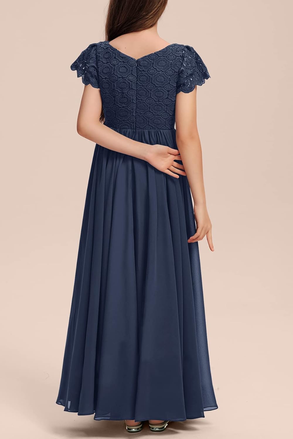 HOSIKA Girls Vintage Chiffon Ruffle Sleeve A-Line Wedding Party Maxi Junior Bridesmaid Dress for Kids 6-12 Years - Image 5